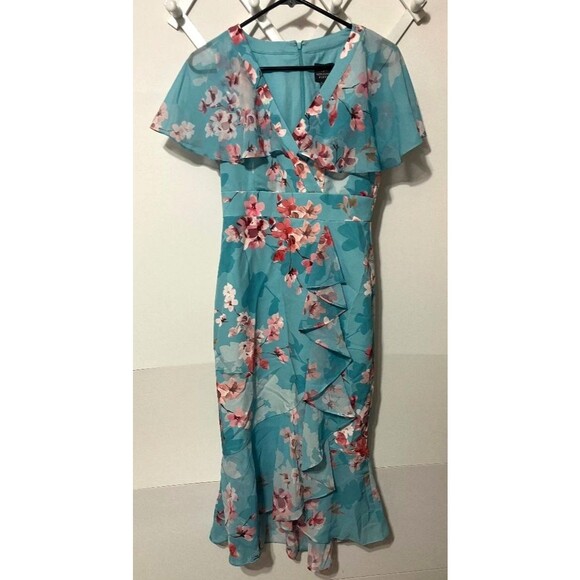 Adrianna Papell Floral Flutter Sleeve Wrap Dress Size 2 Aqua Pink Ruffle Hem - Picture 1 of 8